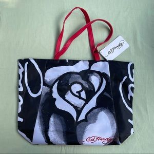 Ed Hardy White Rose Tote Bag with red straps - NWT